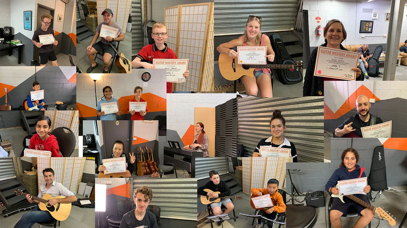 Pathfinder Music Lessons students with their Guitar Mastery Awards